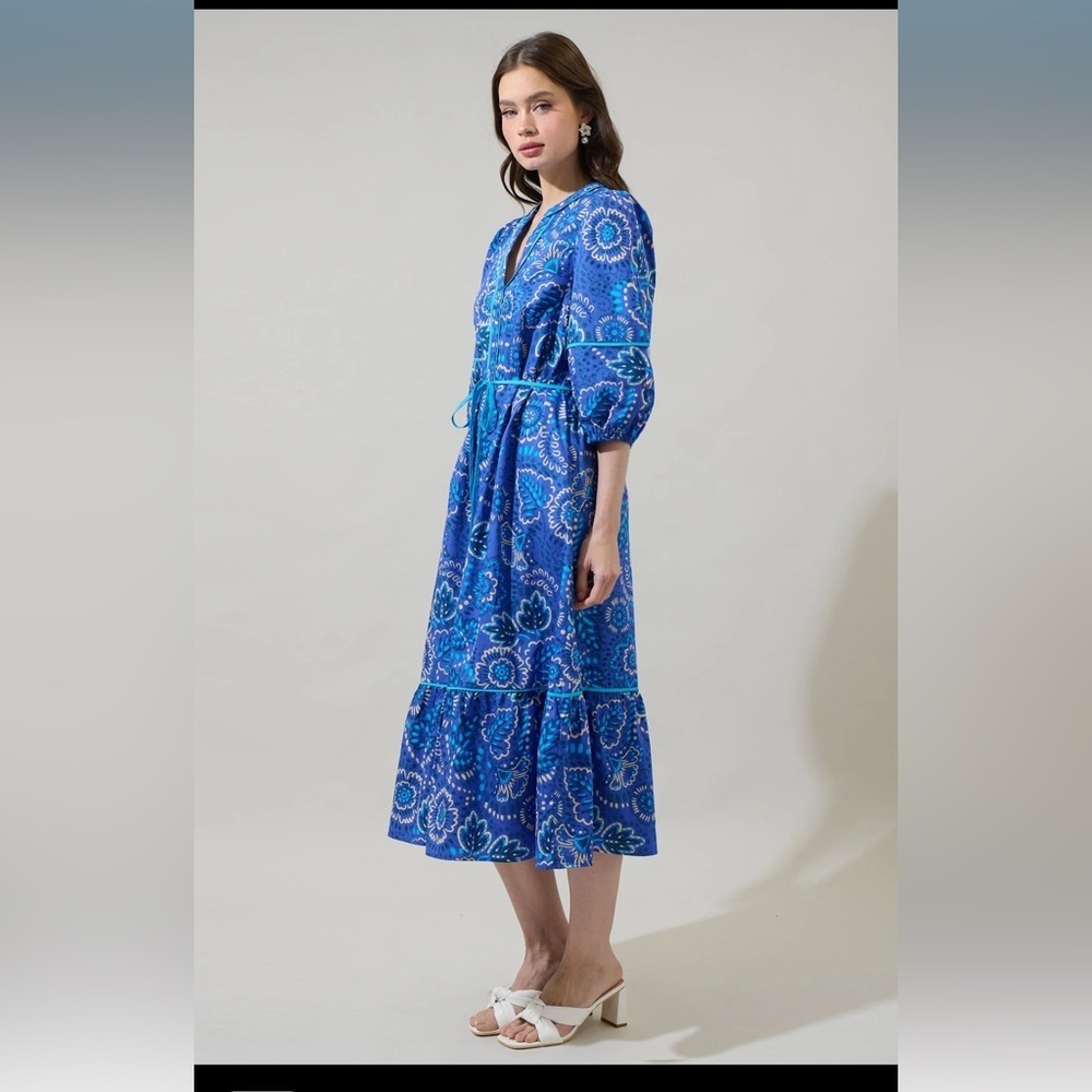 Kenner Floral Melia Shirt Midi Dress Blue Cream Multi - Picture 6 of 10